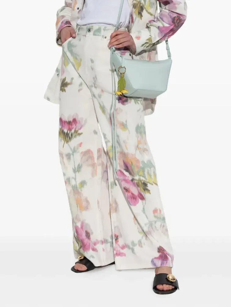 Elegant Neutral Floral Print Button-Down Pants