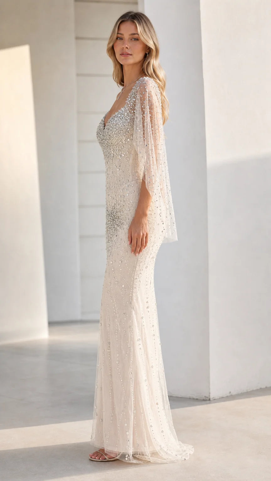 One-Shoulder Beaded Evening Gown with Draped Cape Sleeve