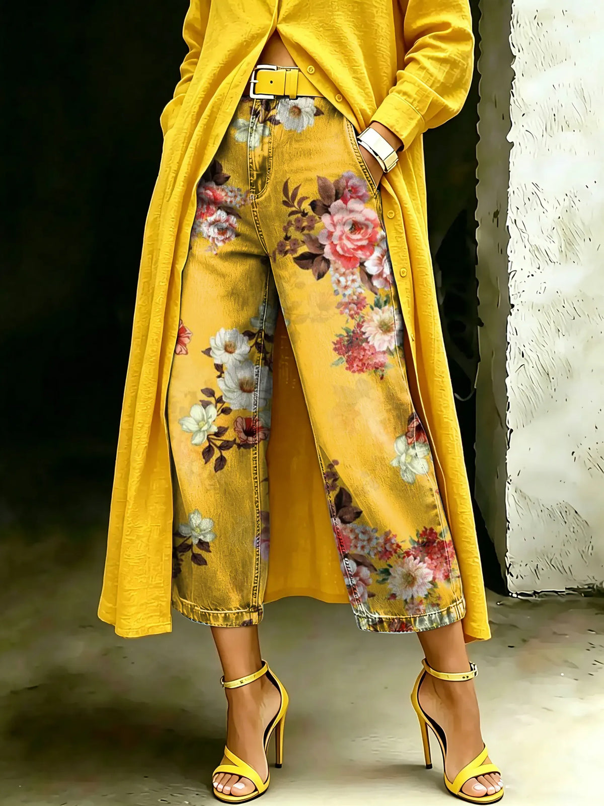 Women's Vintage Floral Art Casual Wide Denim Pants