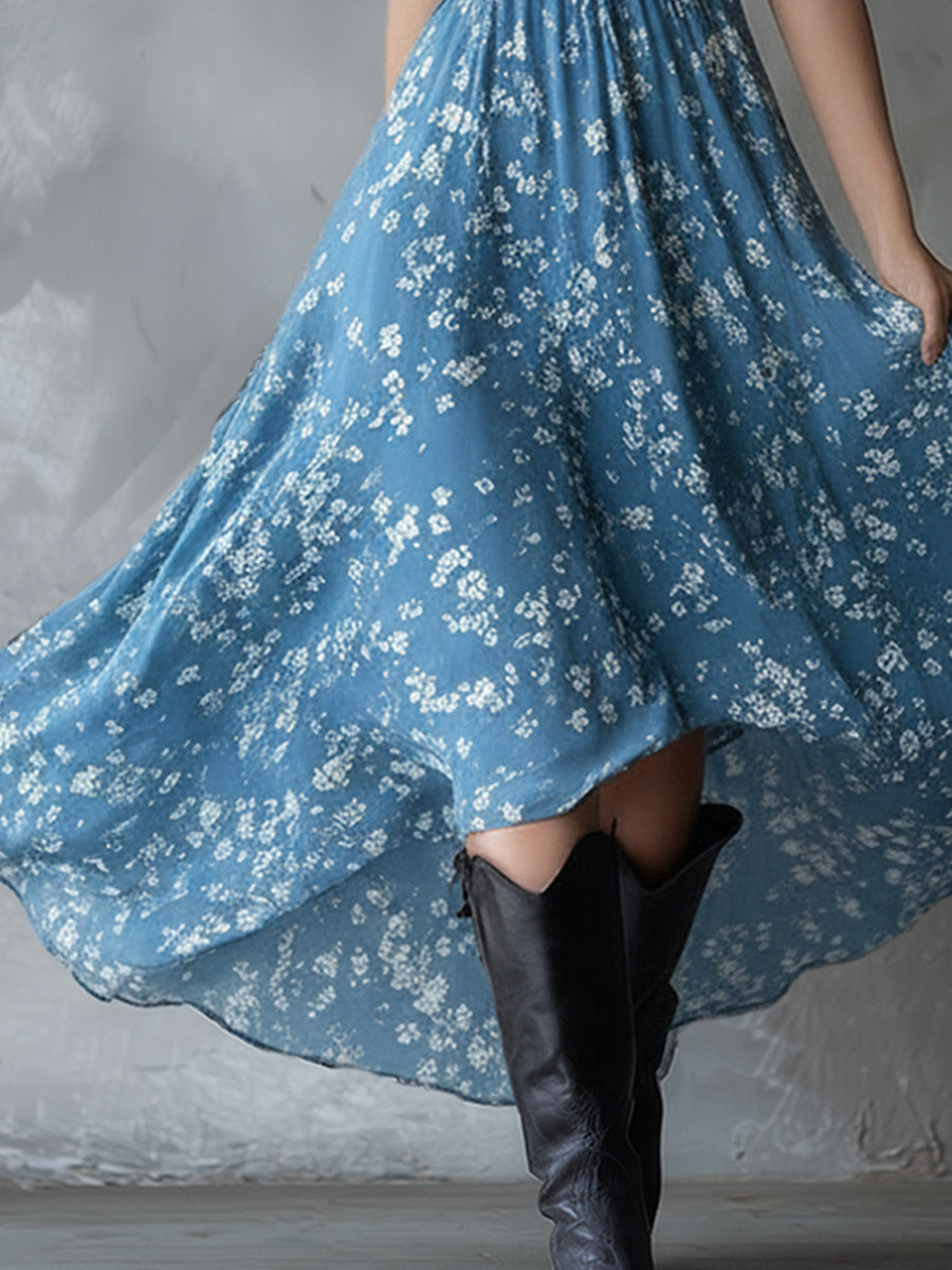 Retro Classic Floral Print Navy Blue Chiffon Sleeveless Maxi Dress