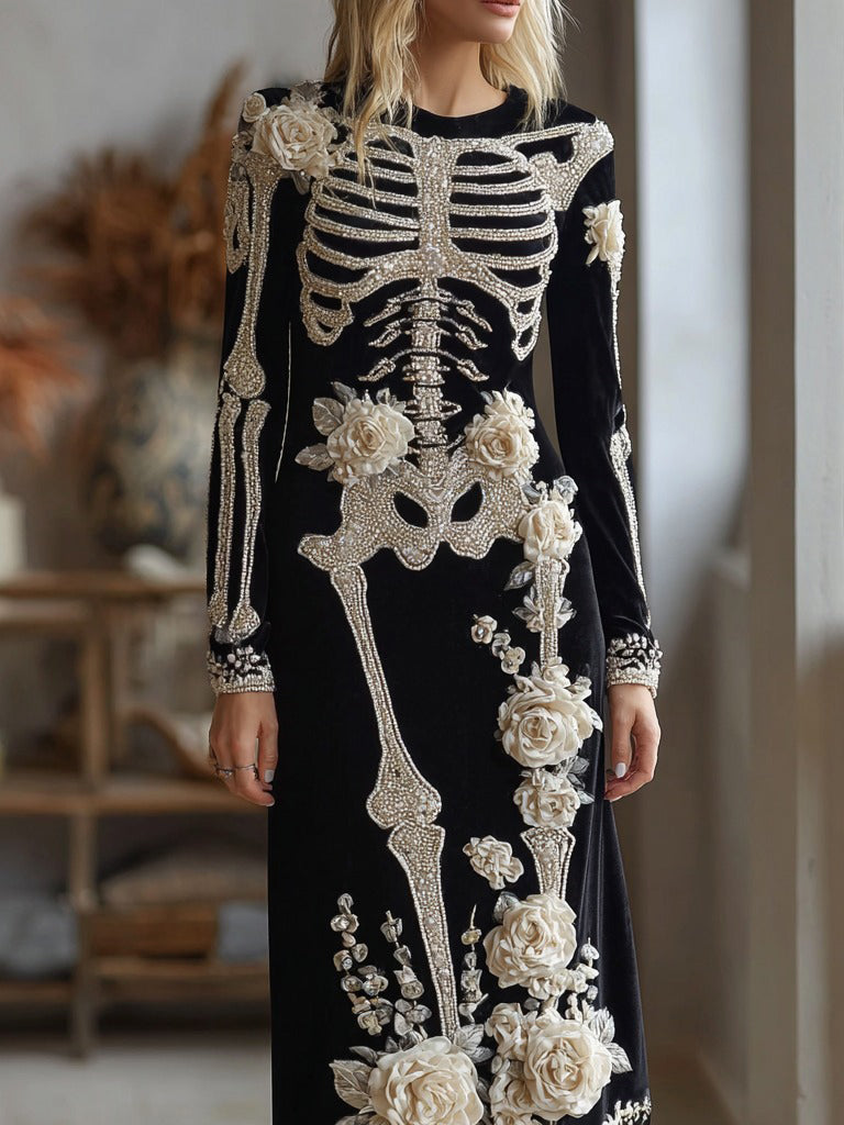 Women's Halloween Dark Gothic Rose Skeleton Velvet Round Neck Maxi Dress