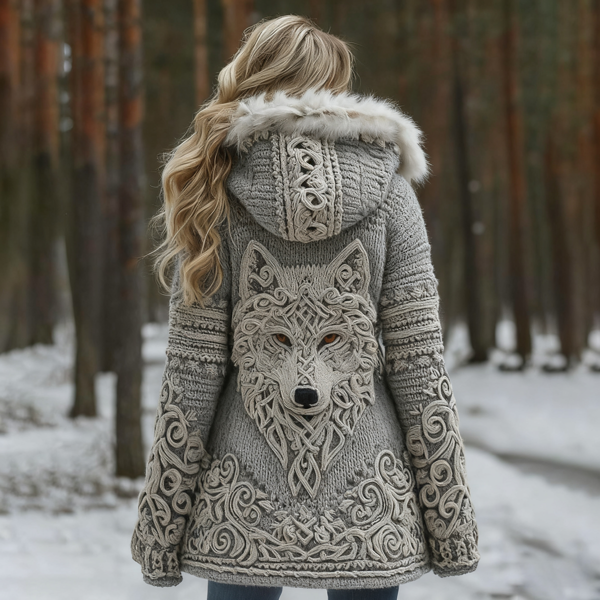 Women Viking Wolf Celtic Knot Art Cozy Fur Collar Hooded Cardigan