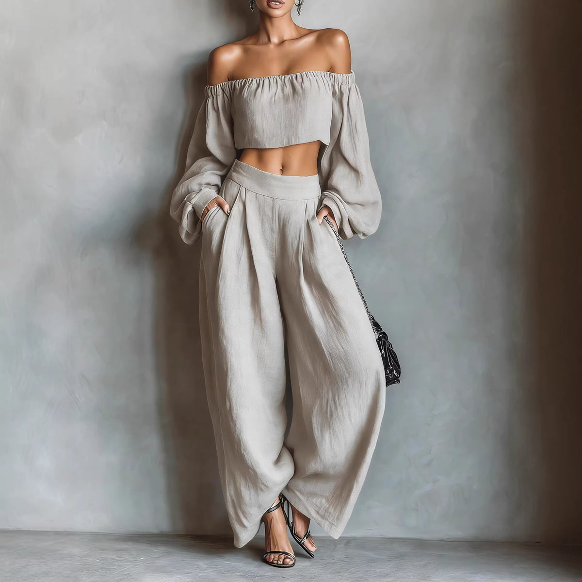 Momocco Elegant Off-Shoulder Puff Sleeve Two-Piece Set - Flowy Wide Leg Pants Resort Wear