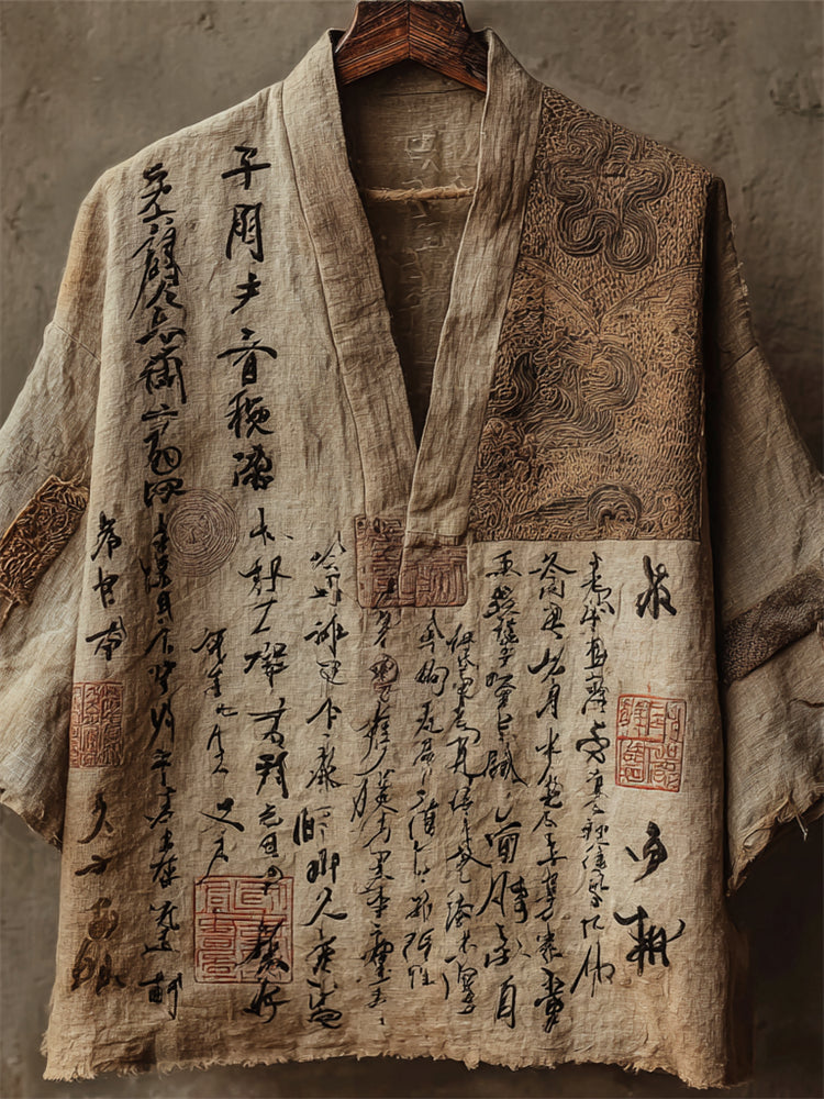 Japanese Ancient Calligraphy Art Linen Shirt
