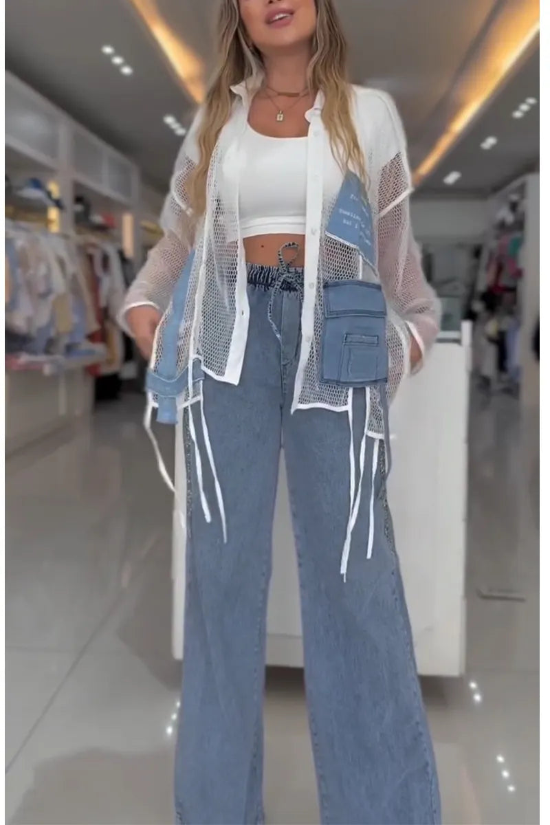 Women Collar Patchwork Denim Hollow Top or Drawstring Wide Leg Jeans