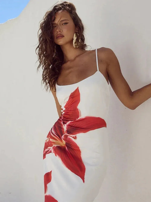 Camaria Floral Print Spaghetti Strap Maxi Dress – Summer Bodycon Holiday Gown in White, Pink, Black or Blue