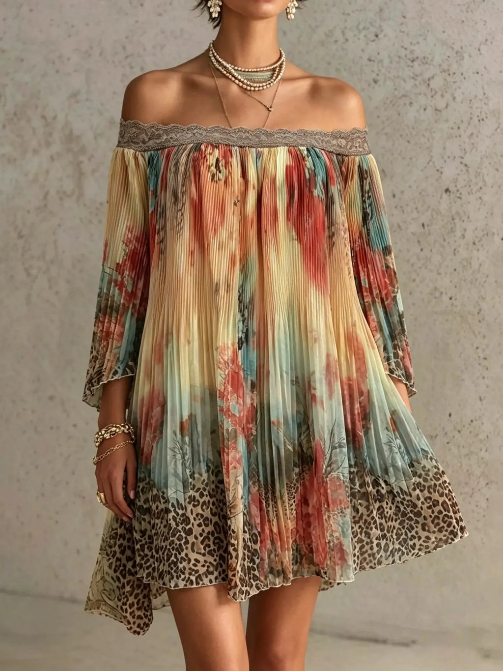 Vintage Floral Print Pleated Lace Off-shoulder Mini Dress