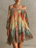 Vintage Floral Print Pleated Lace Off-shoulder Mini Dress