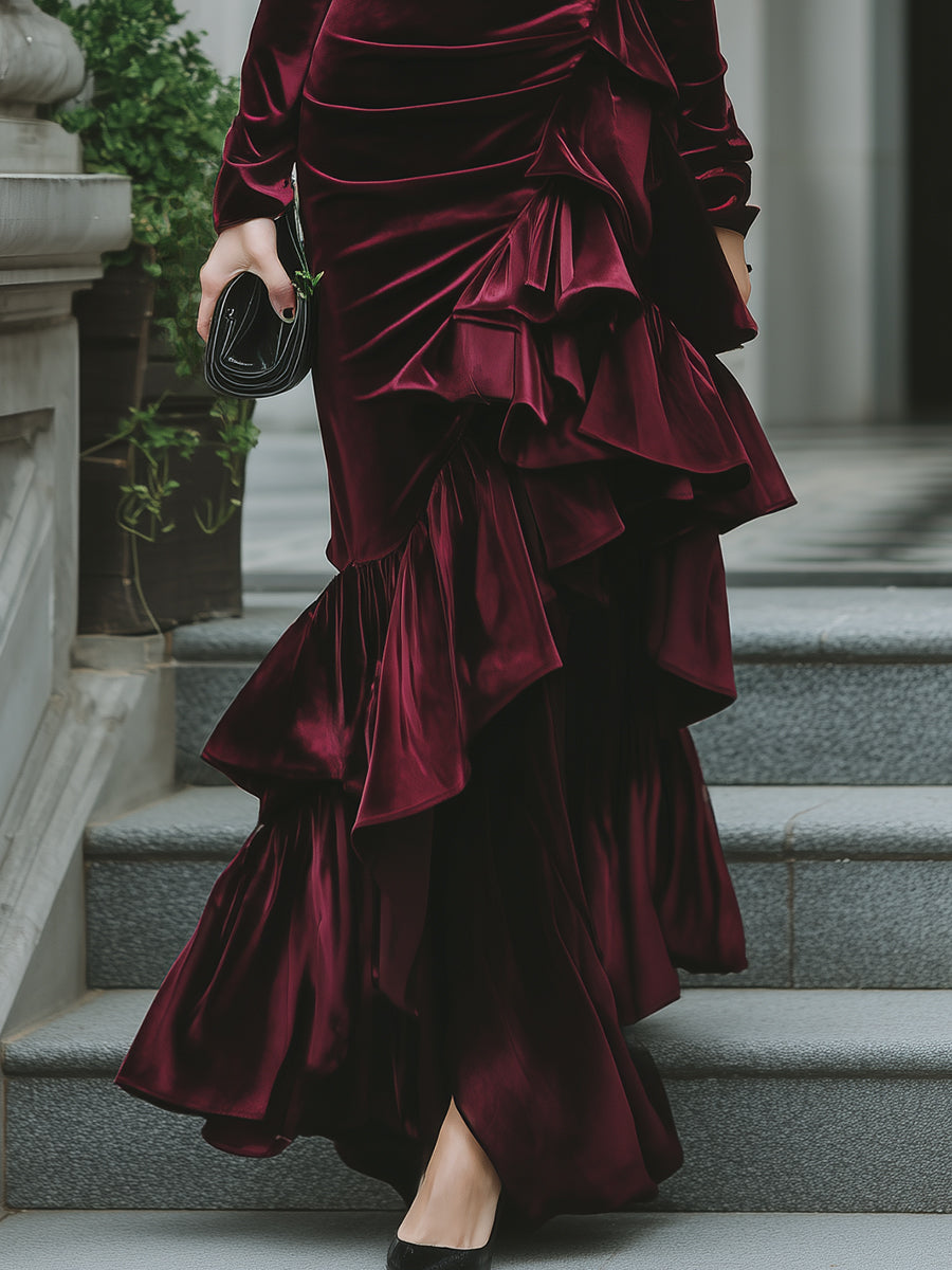 Long Sleeve Ruffled Tier Evening Gown