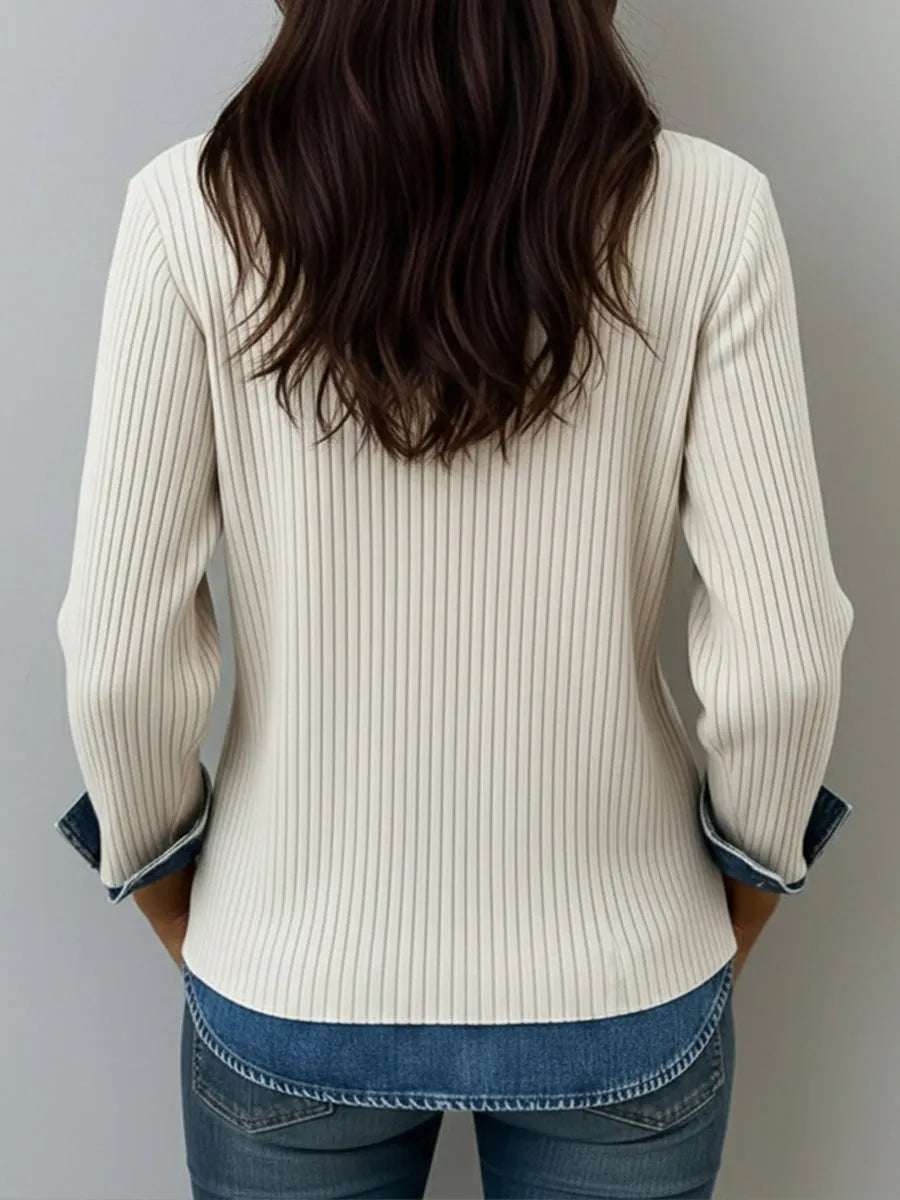 Casual Patchwork Denim Knit Top