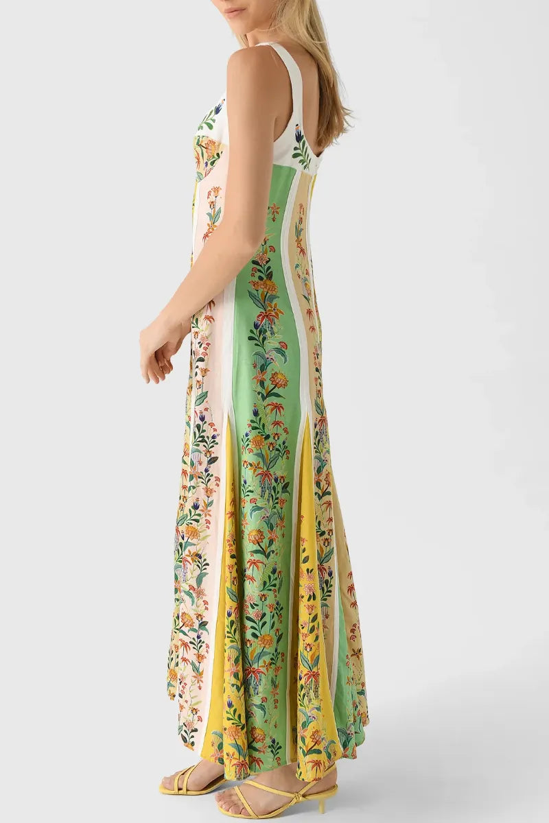 Women's Fresh Color-Blocked Floral Print Sundress Long Dress Vacation Style