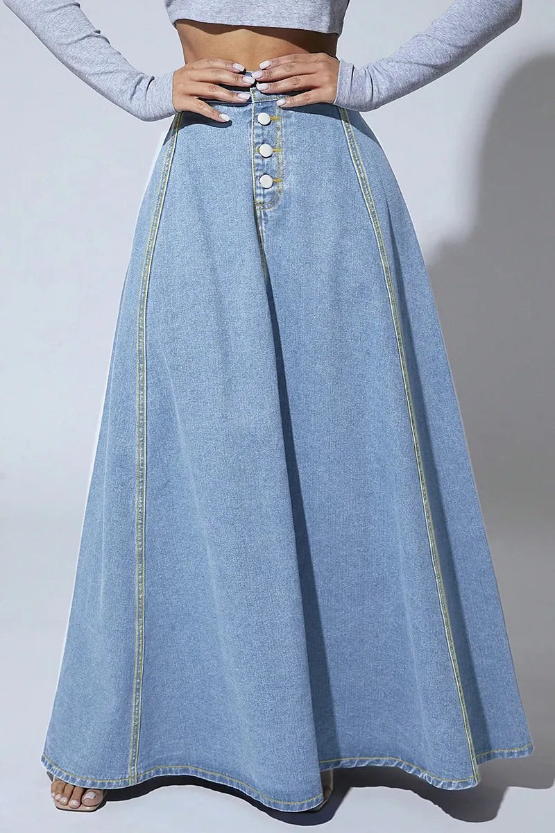 Women's Vintage Single-Breasted Full A-Line Denim Skirt