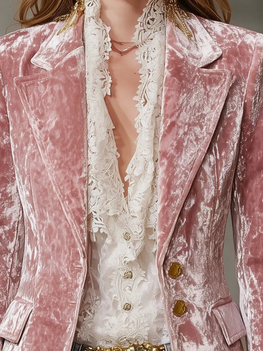 Retro Pink Velvet Gold Button Blazer