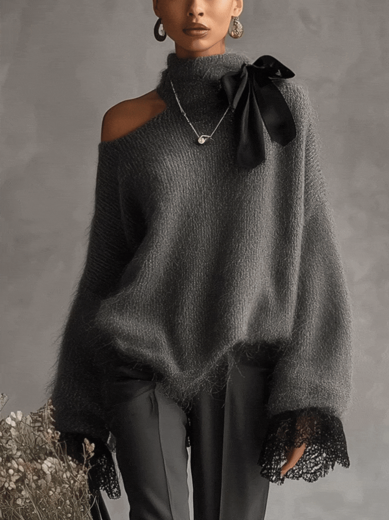 24-Hour-Shipping Gray Mohair Knit Sweater With Lace Cuffs