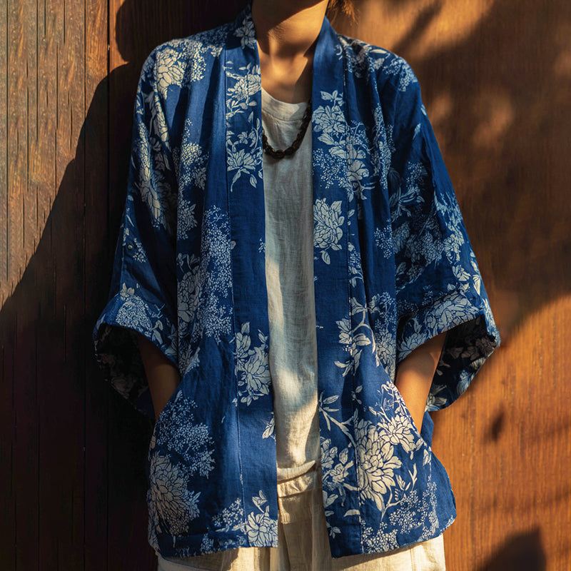 Vintage Japanese Traditional Sashiko With Floral Art Print Cotton And Linen Blend Kimono Cardigan