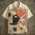 Men's Japanese-style Fun Cat And Dragon Pattern Linen Short-sleeved Shirt