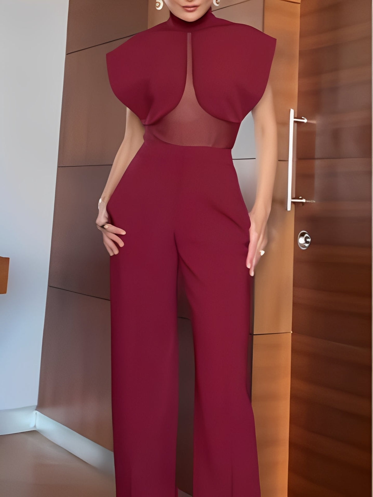 Burgundy patchwork sheer mesh top and trousers set