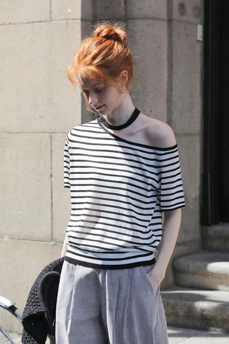 Striped Asymmetric Off Shoulder Knit Tee