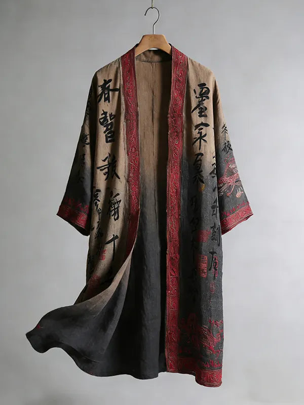 Men's Retro Calligraphy And Painting Art Linen Long Kimono