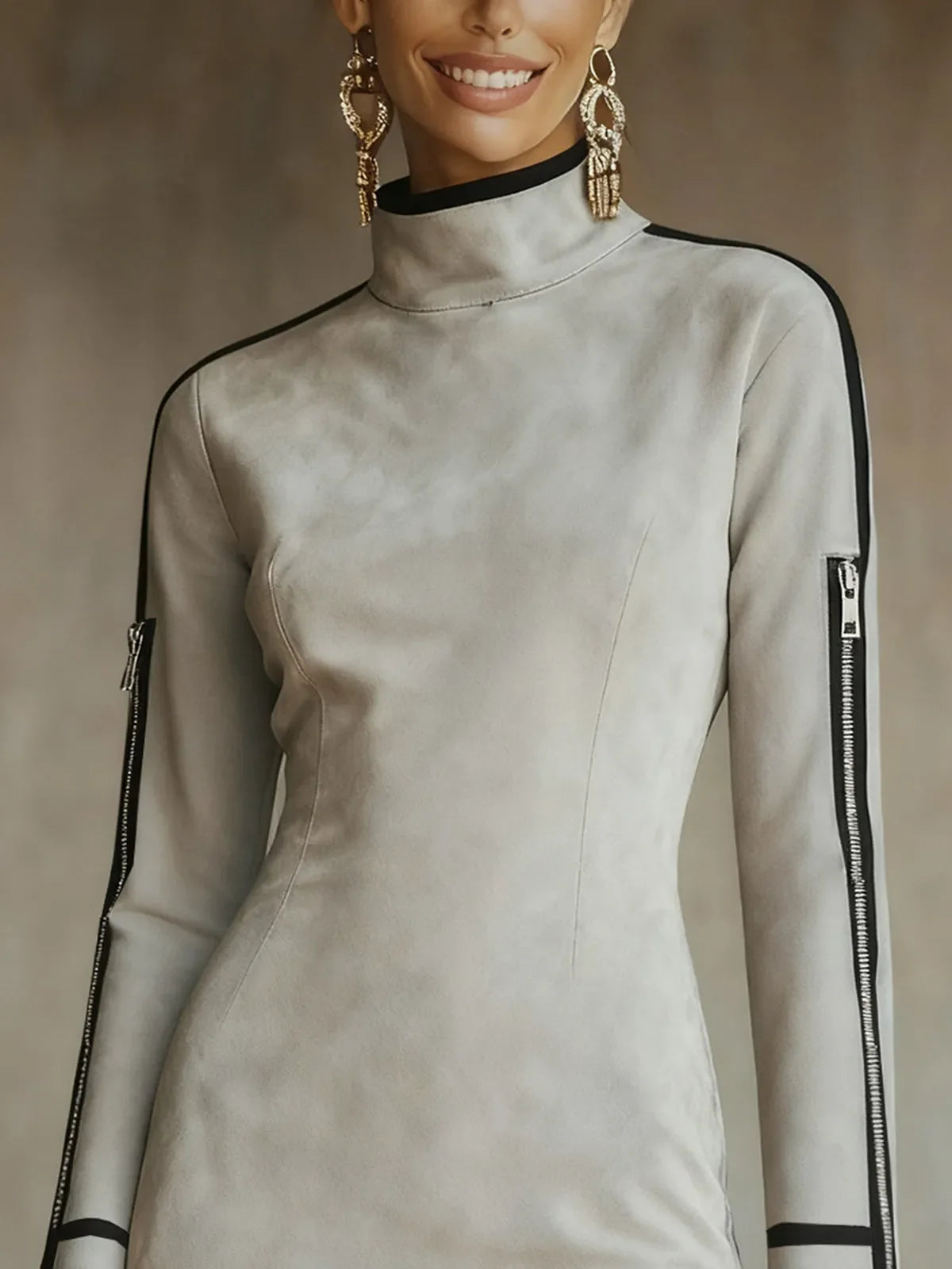 24-Hour-Shipping Gray Faux Suede Mock Neck Mini Dress With Zip Sleeve Detail