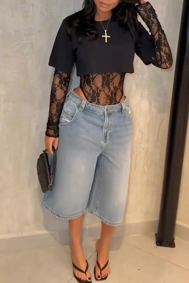 Women's Elegant Two-Piece Lace Mesh Bodysuit