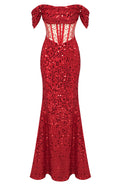Bardot Draped Corset Sequin Maxi Dress Red