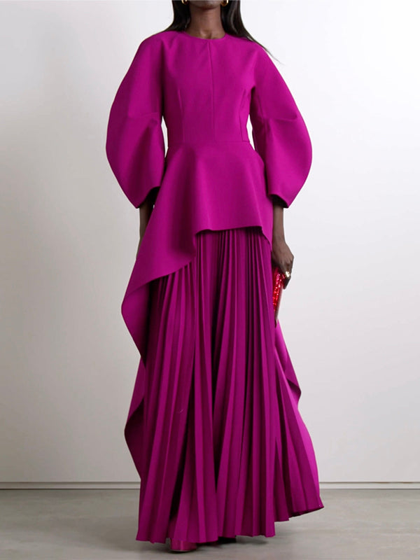 Long Sleeves Loose Pleated Solid Color Split-Joint Tiered Round-Neck Maxi Dresses