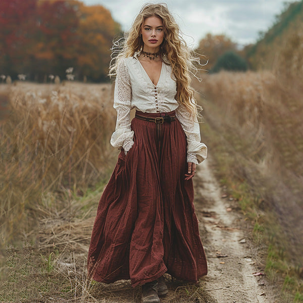 Women's Retro Pastoral Cotton And Linen Solid Color Skirt