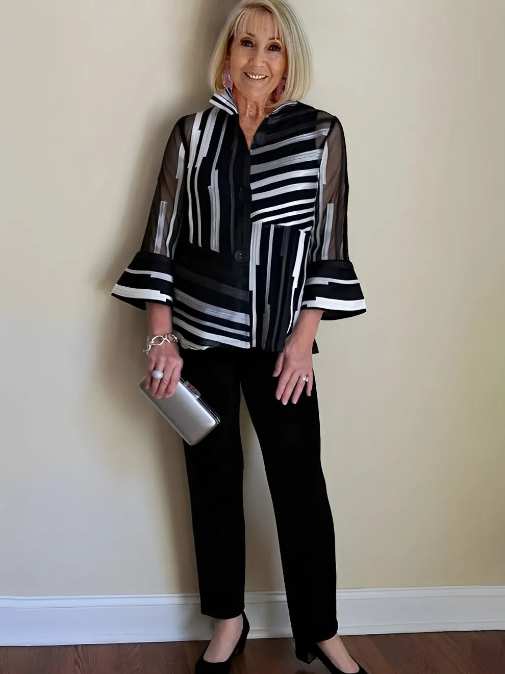 2Pcs Chiffon Stripes Shirt and Pants Set