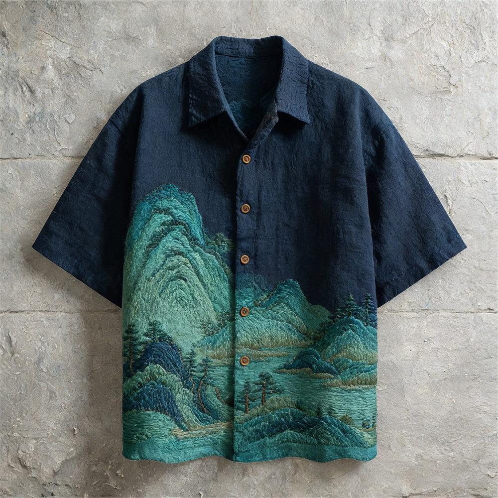Vintage Japanese Landscape Art Linen Short Sleeve Shirt