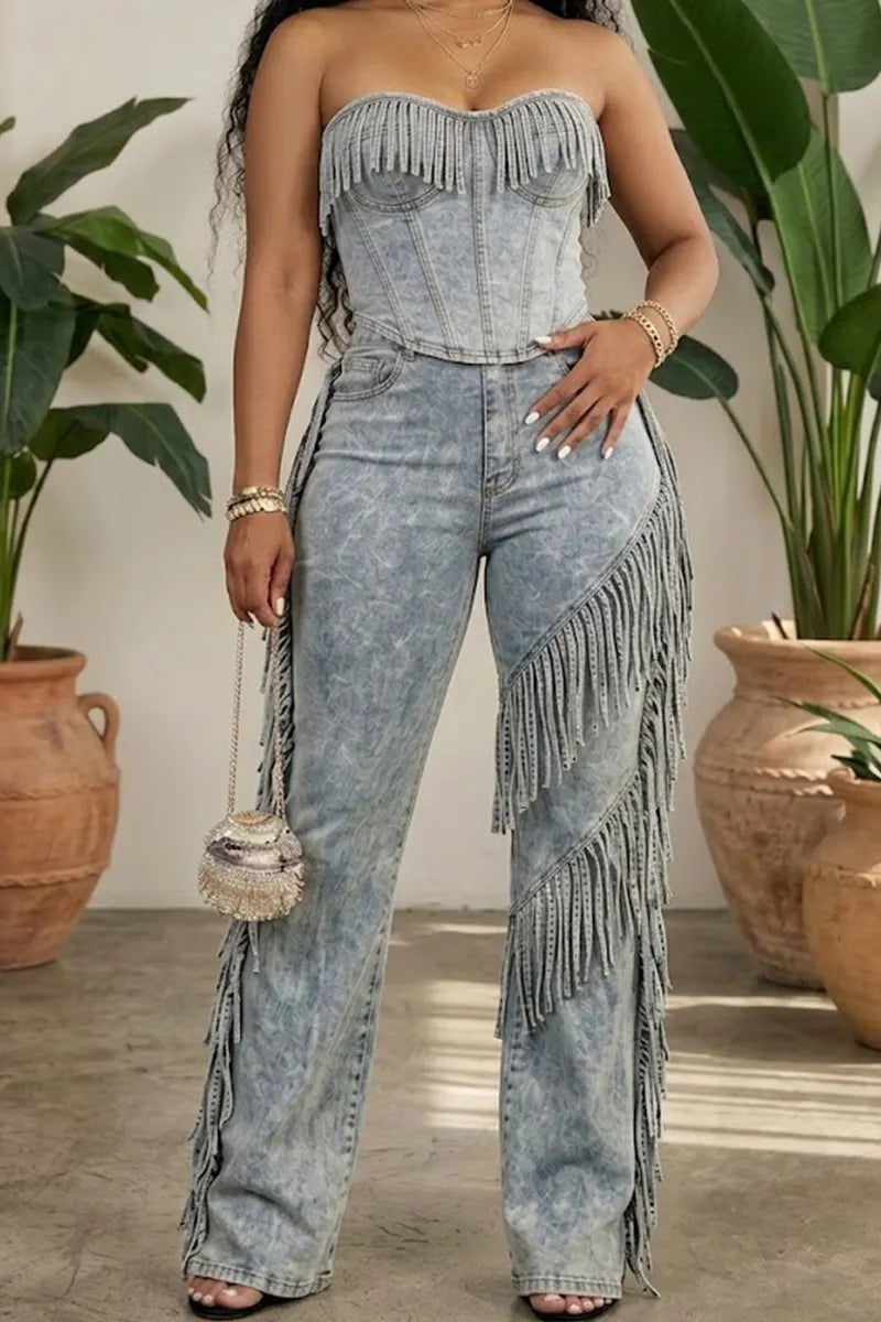 Women's Casual Strapless Fringed Denim Top Or Fringed Wide Leg Jeans