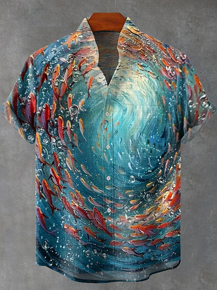 Japanese-style Ocean Pattern Art Print Casual Shirt