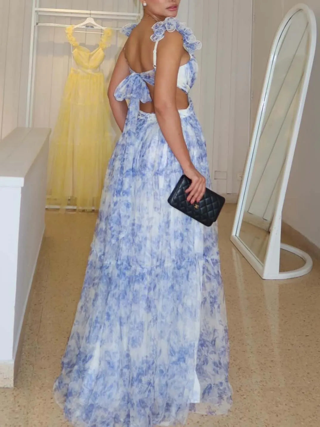 Elegant Floral Print Ruffle Strap Chiffon Maxi Dress