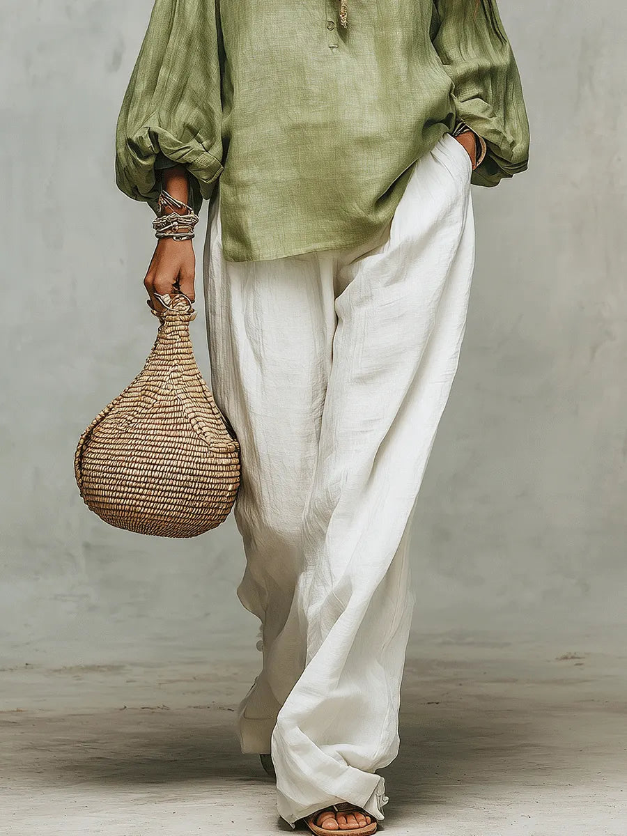 Sage Linen Blouse & Relaxed White Trousers Everyday Escape Set