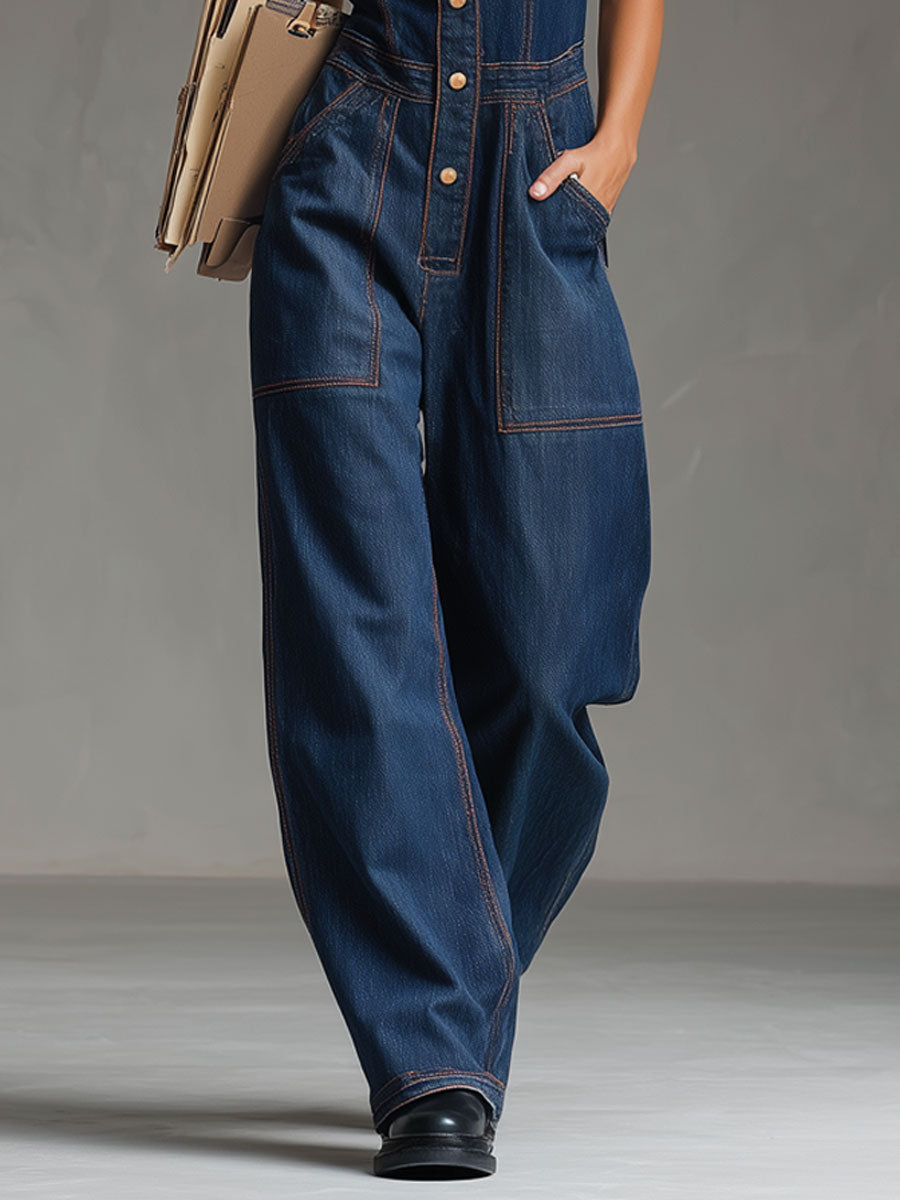 Casual Retro Multi-pocket Topstitching Dark Blue Denim Sleeveless Balloon Jumpsuit