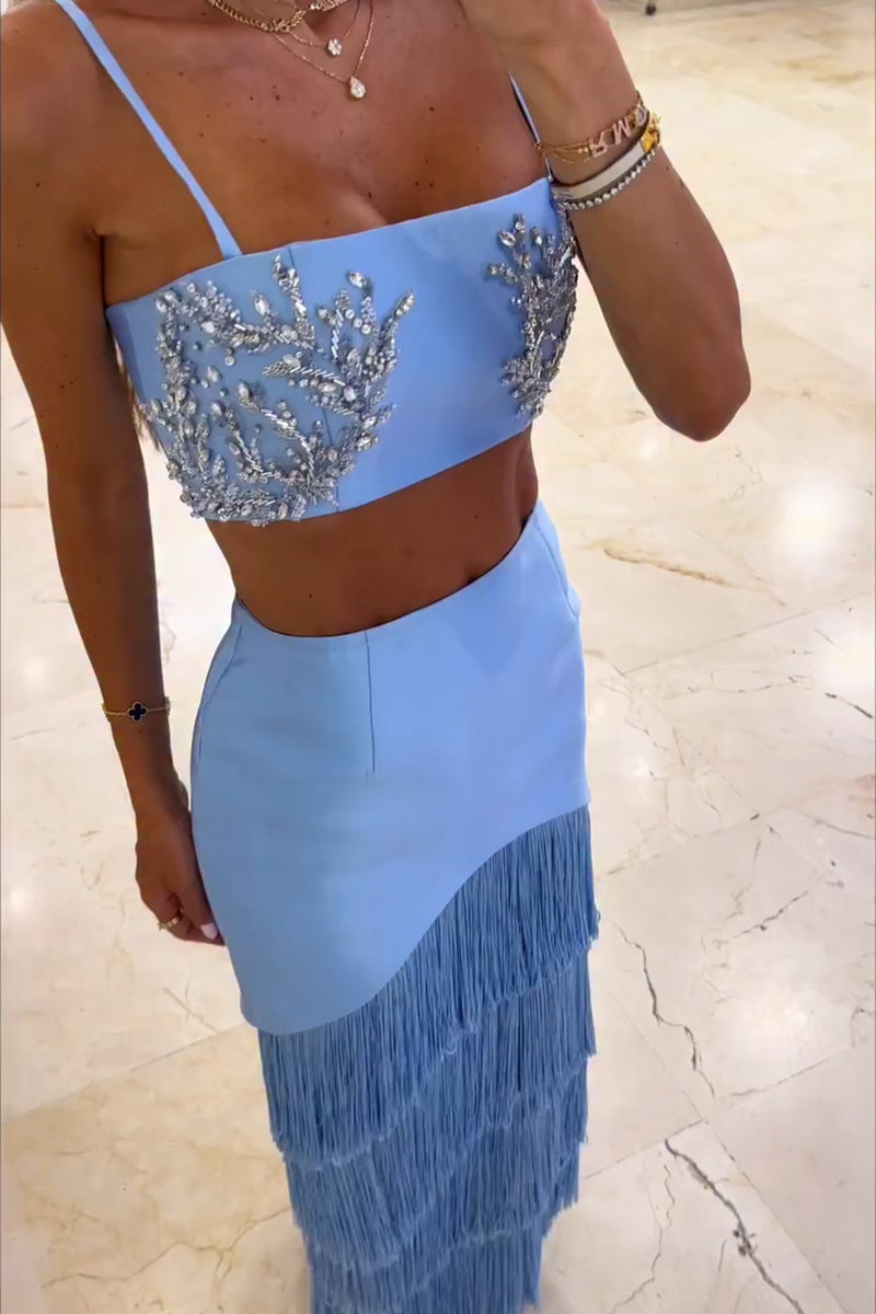 Women's Elegant Rhinestone Beaded Vest or Tiered Fringe Skirt