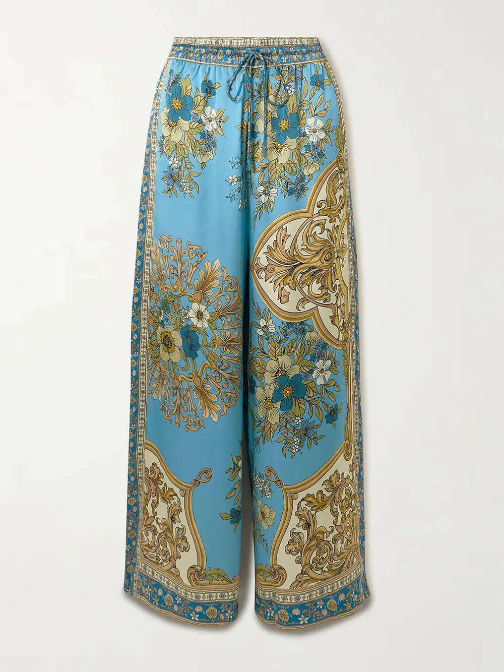 Unique Casual Floral Print Satin Elastic-Waist Pockets Wide-Leg Pants