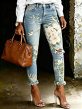 Women's Vintage Ethnic-print Artistic-print Jeans With Pockets