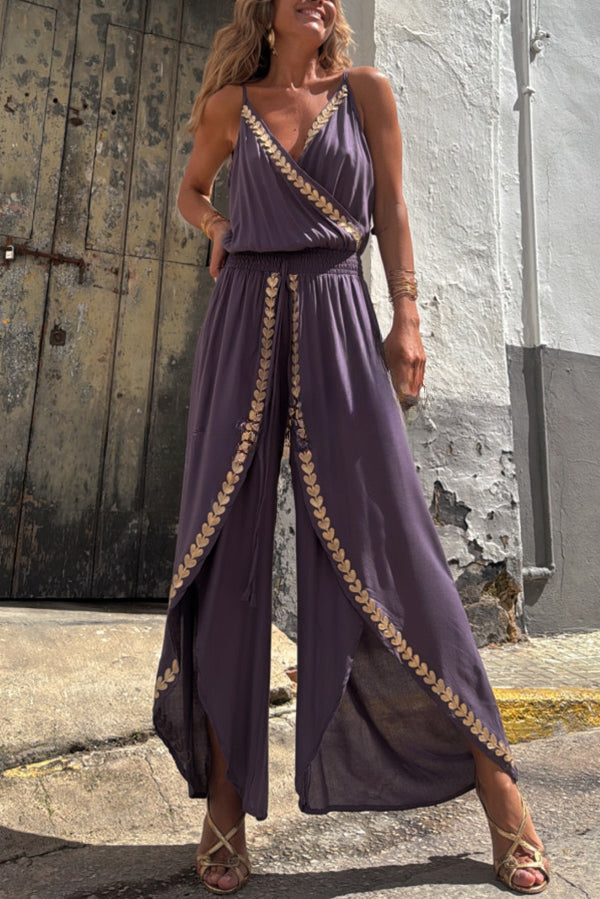 Tamia Gold Trim Elastic Waist Slit Wide Leg Slip Jumpsuit