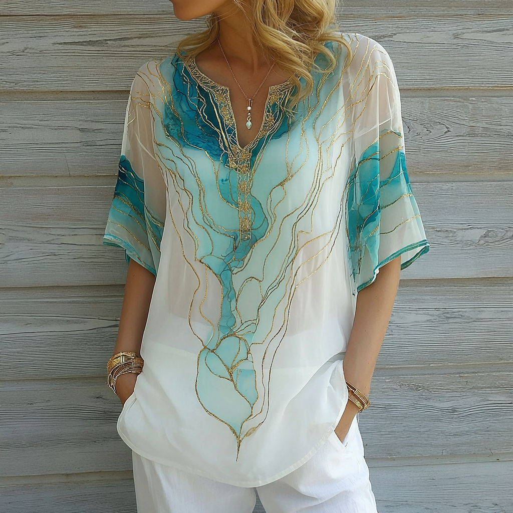 Vintage Marble Texture Collection Bohemia Women Style Gradient Gilded Pattern Linen Round Neck T-shirt