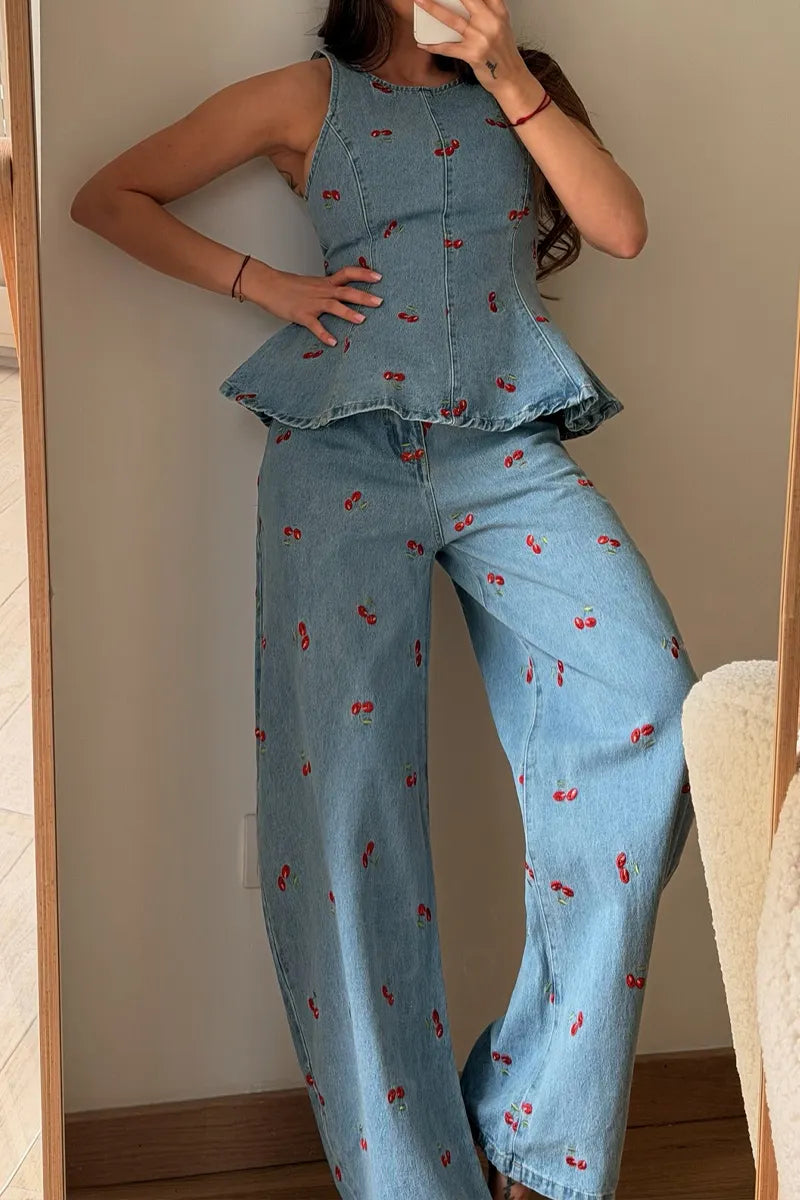 Women's Fashion Cherry Pattern Trim Denim Vest & Jeans