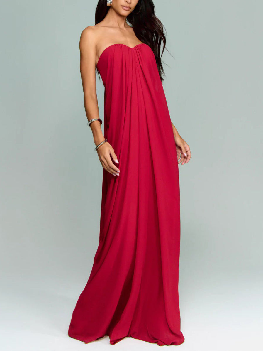 Elegant Strapless A-Line Pleated Maxi Dress