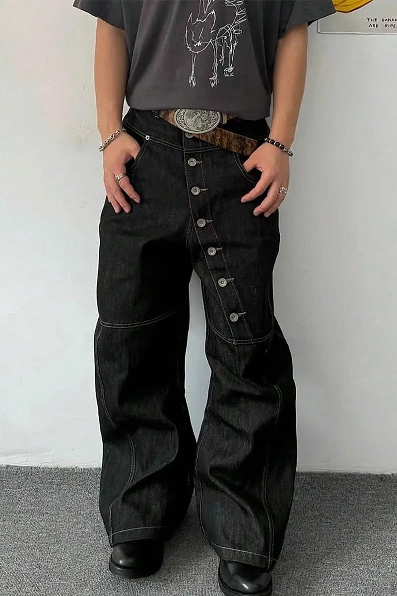 Men's Stitched American-Style Jeans With Unique Button Design