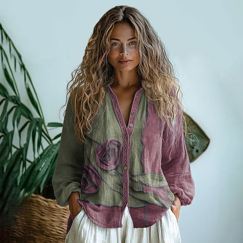 Bohemian Style Linen Vintage Floral Art Print Long Sleeve Shirt