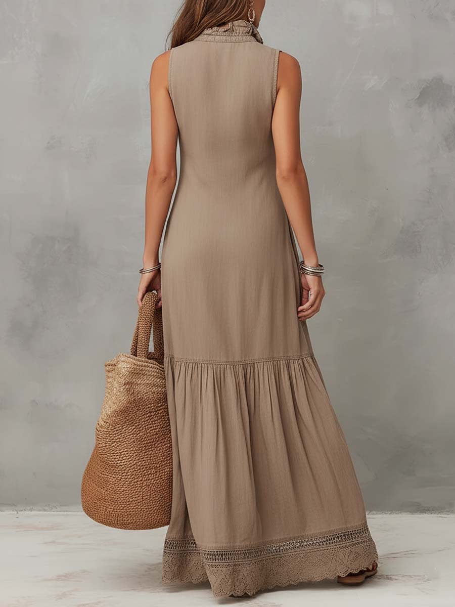Classic Khaki Pure Cotton Sleeveless Maxi Dress