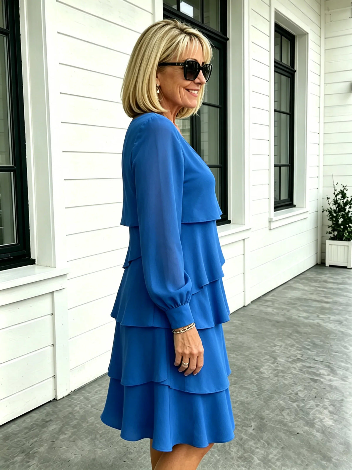 Deep V-Neck Long-sleeved Fashion Cake Skirt Women's Temperament Loose and Thin Round Neck Dress Women