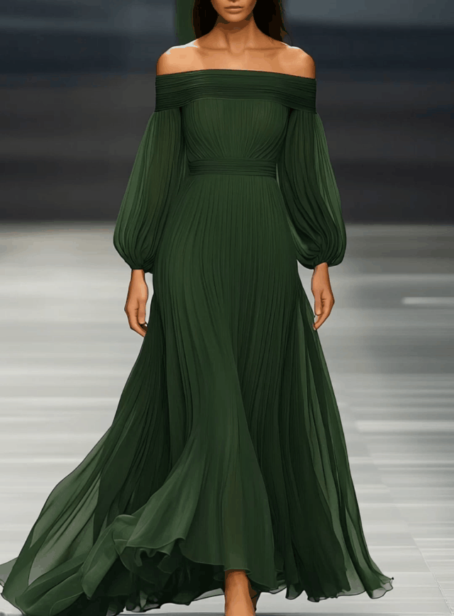 Off-shoulder Green Chiffon Maxi Dress