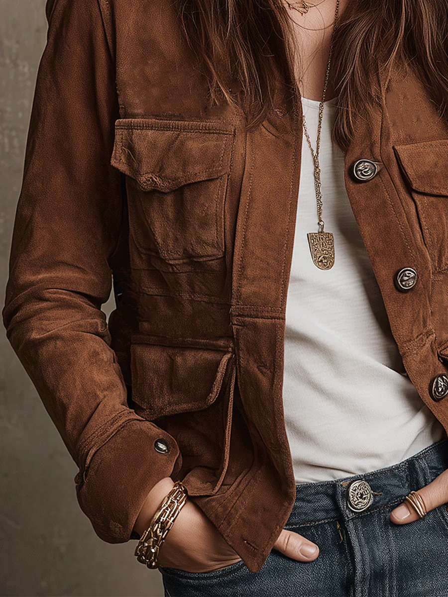 Vintage Brown Faux Suede Multi-Pocket Jacket