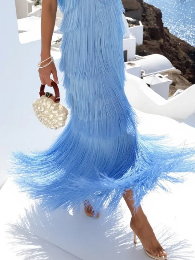 Elegant V-Neck Tiered Fringe Maxi Dress