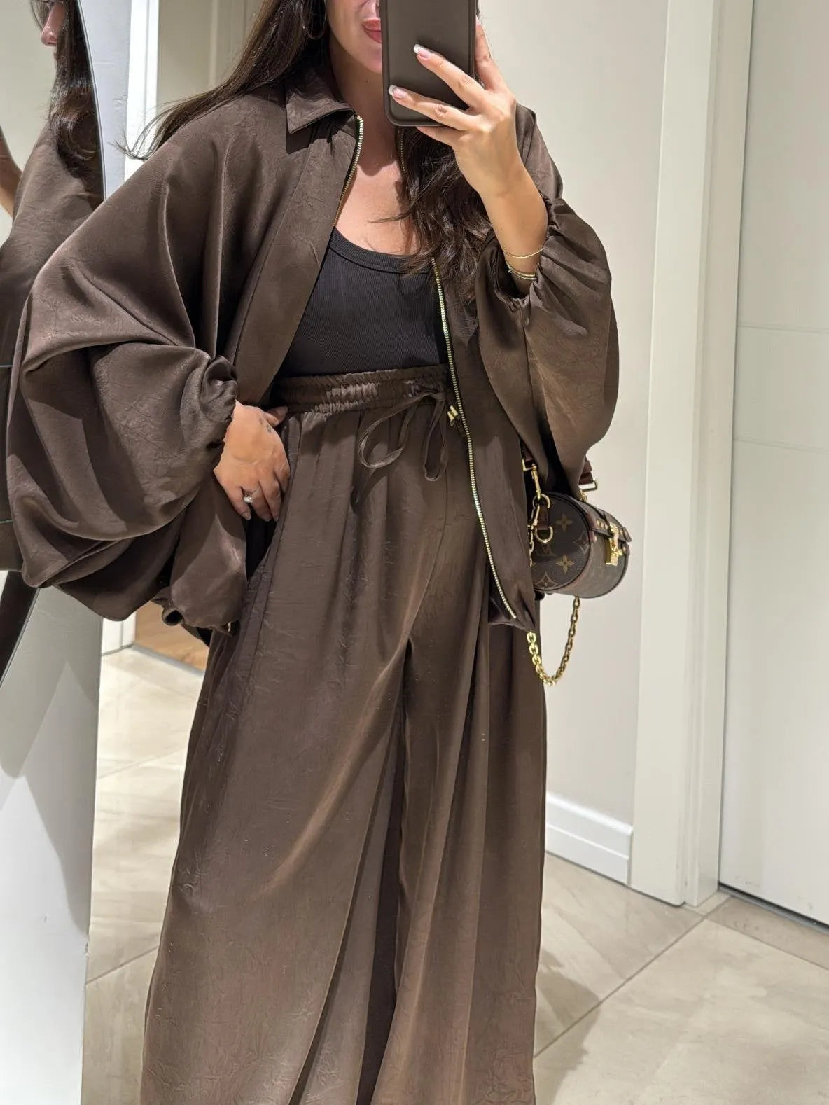 Brown Jacket + Drawstring Pants Casual Two-piece Suit